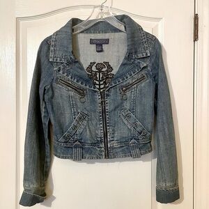 Baccini Cropped Denim Jean Jacket Cropped Embroidered  Size M Y2K  Button Zipper